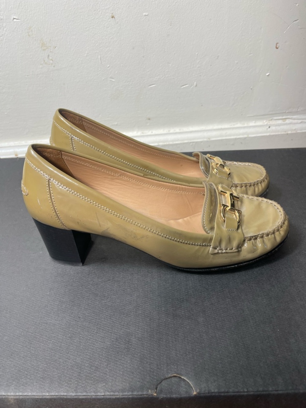 Salvatore Ferragamo Tan Leather work Block Heel Loafers with Gold Buckle